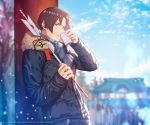  1boy arrow blue_sky blurry blurry_background brown_eyes brown_hair commentary_request drinking fur-trimmed_jacket fur_trim hamaya happy_new_year highres jacket kusanagi_kyou new_year official_art scarf short_hair sky snow solo temple the_king_of_fighters torii 