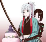  2girls artist_name black_eyes black_hair cake colored_inner_hair commentary_request dated fate/grand_order fate/samurai_remnant fate_(series) food green_eyes guiding_hand hakama haori high_ponytail japanese_clothes long_hair multicolored_hair multiple_girls parted_bangs pink_hair ponytail short_hair smile sweat titiduki_(manman-ya) twitter_username two-tone_hair ushi_gozen_(avenger)_(fate) ushi_gozen_(fate) watermark web_address wedding_cake white_hair white_hakama yui_shousetsu_(fate) yui_shousetsu_(first_ascension)_(fate) yuri 