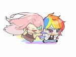  &gt;_&lt; 2girls brown_shirt chibi crying dragging fluttershy jacket kny_yy long_hair multicolored_hair multiple_girls my_little_pony my_little_pony:_friendship_is_magic open_mouth personification pink_eyes pink_hair rainbow_dash rainbow_hair running shirt simple_background very_long_hair white_background yellow_jacket 