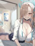  1girl animal_ears ass asuna_(blue_archive) blue_archive blue_eyes blurry blurry_background blush bow breasts cleavage hair_over_one_eye halo highres large_breasts light_brown_hair long_hair looking_at_viewer miho_(user7939139) mole mole_on_breast reflection smile solo 