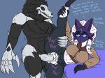 absurd_res anthro black_body black_fur bone clothed clothed_sex clothing dialogue duo female fur hi_res kindred_(lol) league_of_legends male male/female penetration raised_leg riot_games sex skull tomix vaginal vaginal_penetration white_body yin_(cerivano)