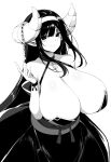  1girl absurdres blush breasts chixiao cleavage demon_horns greyscale highres horns huge_breasts long_hair monochrome original solo tagme white_background 