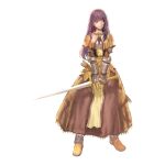  1girl 2000s_(style) brown_dress chest_guard closed_mouth dress expressionless floral_print frilled_dress frills full_body gauntlets highres holding holding_sword holding_weapon long_hair looking_afar looking_to_the_side medium_bangs myung-jin_lee official_art purple_eyes purple_hair ragnarok_online rose_print sidelocks simple_background solo standing sword swordsman_(ragnarok_online) tachi-e transparent_background weapon 