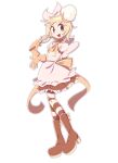  1girl absurdres artist_name black_hair boots bow dress evilfrap fang full_body highres holding holding_whisk kagamine_rin open_mouth pantyhose smile solo striped_bow striped_clothes striped_pantyhose tilted_headwear vocaloid watermark whisk white_dress 