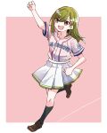  1girl :d ankle_socks arm_up baseball_jersey black_socks border brown_footwear check_commentary clenched_hands collarbone commentary_request double_horizontal_stripe green_hair hair_ornament hairclip highres kanduki_kamibukuro link!_like!_love_live! loafers logo long_hair looking_ahead love_live! oogami_sachi open_mouth outline outside_border pink_shirt running shirt shoes short_sleeves skirt smile socks solo swept_bangs v-shaped_eyebrows white_border white_outline white_skirt 
