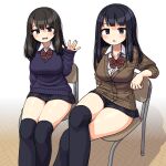  2girls :d :o \||/ black_hair blunt_bangs blush bow bowtie breasts brown_cardigan brown_hair cardigan collarbone crossed_legs fox_shadow_puppet hair_between_eyes highres large_breasts legs_together long_hair looking_at_viewer maruput microskirt multiple_girls on_chair open_mouth original over-kneehighs parted_lips purple_eyes purple_sweater red_bow red_bowtie school_uniform sitting skirt sleeves_past_wrists smile sweater thighhighs thighs waving 