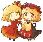  2girls aki_minoriko aki_shizuha akihiyo apron bangs barefoot black_skirt blonde_hair blouse blush bobby_socks bright_pupils brown_footwear chibi commentary eyebrows_visible_through_hair food food_themed_clothes fruit grapes hair_ornament hat leaf_hair_ornament long_sleeves looking_at_viewer mob_cap multiple_girls open_mouth outstretched_arms red_apron red_blouse red_eyes red_headwear red_skirt shirt short_hair siblings simple_background sisters skirt smile socks standing touhou white_background white_legwear white_pupils wide_sleeves yellow_eyes yellow_shirt 