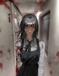  1girl absurdres black_hair blood blood_on_clothes blood_on_face chainsaw_man collared_shirt cross_scar dress feet_out_of_frame hanny_(uirusu_chan) highres indoors long_hair looking_at_viewer neck_ribbon pinafore_dress red_eyes ribbon ringed_eyes scar scar_on_cheek scar_on_face school_uniform shirt sleeveless sleeveless_dress smile solo standing train_interior white_shirt window yoru_(chainsaw_man) 