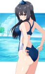  1girl adjusting_clothes adjusting_swimsuit alternate_costume anime_coloring ass bare_shoulders black_hair blue_one-piece_swimsuit blush border breasts brown_eyes caustics cel_shading closed_mouth commentary_request commission cowboy_shot embarrassed hair_between_eyes hat highres iizunamaru_megumu long_hair looking_at_viewer looking_back medium_breasts one-piece_swimsuit outside_border pool rise_(rise19851203) second-party_source skeb_commission solo standing sweatdrop swimsuit tokin_hat touhou turning_head water white_border 