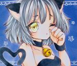  1girl animal_ears bare_shoulders bell black_choker cat_ears cat_girl cat_tail choker close-up collarbone commentary_request grey_hair highres marker_(medium) neck_bell one_eye_closed original short_hair solo tail traditional_media wrist_cuffs yellow_eyes yuuki_hana_(jtnp5334) 