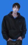  1boy absurdres bandaid bandaid_on_face black_hair black_hoodie blue_background closed_mouth cowboy_shot facing_viewer hands_in_pockets highres hood hoodie male_focus original ouzo_o0 parted_hair short_hair simple_background solo watermark yellow_eyes 