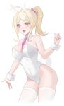  1girl :d absurdres akamatsu_kaede alternate_costume animal_ears blonde_hair bow contrapposto covered_navel cropped_legs danganronpa_(series) danganronpa_v3:_killing_harmony detached_collar fake_animal_ears groin hair_bow hair_ornament highres leotard lumishen musical_note musical_note_hair_ornament nail_polish necktie pink_bow pink_eyes ponytail purple_necktie rabbit_ears rabbit_tail simple_background smile solo tail teeth thighhighs upper_teeth_only white_background white_leotard white_thighhighs wrist_cuffs 