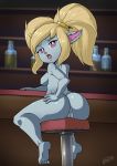  anus bar blonde_hair blue_body blue_fur bottle breasts female fur furniture genitals godichi hair hi_res humanoid_pointy_ears league_of_legends nude pink_eyes poppy_(lol) pussy riot_games stool video_games yordle 
