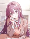  1girl blush breasts classroom desk doki_doki_literature_club hair_between_eyes hair_ornament hairclip highres holding holding_pen indoors jacket large_breasts long_hair long_sleeves looking_at_viewer pen purple_eyes purple_hair ribbon school_desk school_uniform sitting solo very_long_hair yuna_4568 yuri_(doki_doki_literature_club) 