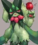 2_fingers absurd_res anthro apple arm_tuft artist_name bar_emanata big_eyes biped candy candy_apple cape clothing cute_fangs dessert digitigrade emanata featureless_crotch female fingers flower_(anatomy) food fruit fur generation_9_pokemon green_body green_fur green_hair hair hi_res hip_tuft holding_food holding_object leaf_clothing looking_at_viewer mask meowscarada multicolored_body multicolored_fur nintendo open_mouth pawpads peppergecko72 plant pokemon pokemon_(species) red_eyes signature simple_background solo standing tongue tuft twitter_handle two_tone_body two_tone_fur wrist_tuft
