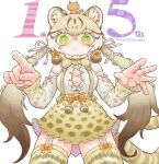  1girl absurdres animal animal_ears anniversary bara_bara_(pop_pop) bow bowtie cat cat_ears cat_girl cat_tail extra_ears garter_straps geoffroy&#039;s_cat_(kemono_friends) green_eyes grey_hair highres kemono_friends kemono_friends_v_project long_hair looking_at_viewer ribbon shirt simple_background skirt suspenders tail thighhighs twintails virtual_youtuber 