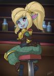  absurd_res bar blonde_hair blue_body blue_fur bottle clothed clothing female fur furniture godichi hair hi_res humanoid_pointy_ears league_of_legends pink_eyes poppy_(lol) riot_games stool video_games yordle 