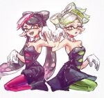  2girls :d :o bare_shoulders black_dress black_hair black_jumpsuit bow-shaped_hair breasts callie_(splatoon) chinese_commentary cleavage cousins cross-shaped_pupils detached_collar dress earrings fangs film_grain gloves gradient_hair green_hair green_pantyhose grey_hair inkling jewelry jumpsuit long_hair marie_(splatoon) mole mole_under_eye multicolored_hair multiple_girls open_mouth pantyhose pink_hair pink_pantyhose pointy_ears short_hair short_jumpsuit simple_background smile splatoon_(series) splatoon_1 strapless strapless_dress symbol-shaped_pupils tentacle_hair thenintlichen96 two-tone_hair very_long_hair white_background white_gloves yellow_eyes 