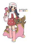  1girl :d bag beanie blue_hair boots commentary_request dawn_(pokemon) dot_nose facial_mark forehead_mark gastrodon gastrodon_(west) grey_eyes hat highres horns jacket kokashiho long_hair open_mouth pink_footwear poke_ball_print pokemon pokemon_(creature) pokemon_dppt pokemon_on_arm pokemon_platinum print_headwear red_jacket scarf shellos shellos_(west) shoulder_bag simple_background slug smile white_background white_bag white_headwear white_scarf 