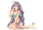  1girl 1other ahoge animal bare_arms bare_shoulders barefoot breasts cat commentary_request eyebrows_visible_through_hair full_body grey_hair hair_between_eyes kantai_collection kiyoshimo_(kantai_collection) long_hair navel open_mouth rizzl simple_background sitting small_breasts underwear underwear_only very_long_hair wariza white_background white_cat yawning 