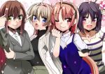  4girls absurdres ahoge alternate_hair_length alternate_hairstyle bangs blue_eyes blush brown_eyes brown_hair business_suit cherry_blossoms cross cross_necklace ebisuzawa_kurumi formal gakkou_gurashi! hair_ornament hairband hands_in_hair highres jewelry long_hair long_sleeves mole mole_under_eye multiple_girls naoki_miki necklace older pink_eyes pink_hair purple_eyes purple_hair salute shirt short_hair short_sleeves silver_hair sinakyo spoilers striped striped_shirt suit sweater takeya_yuki two-finger_salute wakasa_yuuri x_hair_ornament yellow_eyes 