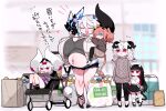  5girls bag black_hair blue_eyes breasts cellphone cow_girl cow_horns ear_tag fang groceries grocery_bag hair_between_eyes highres horns huge_breasts mato_tsuyoi midriff mother_and_daughter multiple_girls navel oppai_loli orange_hair original outie_navel phone pregnant red_eyes shopping_bag short_hair short_shorts shorts skin_fang smartphone stroller white_hair yamada_vanhouten 
