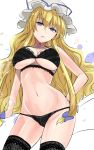  1girl bangs bare_arms bare_shoulders black_bra black_legwear black_panties blonde_hair blue_bow blue_eyes blue_ribbon bow bra breasts commentary_request cowboy_shot eyebrows_visible_through_hair groin hair_between_eyes hair_bow hand_on_hip hat hat_ribbon head_tilt highres large_breasts lens_flare long_hair looking_at_viewer mob_cap navel panties parted_lips ribbon simple_background solo sparkle standing stomach thighhighs thighs touhou underwear underwear_only very_long_hair white_background white_headwear y2 yakumo_yukari 