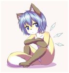 alternate_species anthro blue_eyes blue_hair blush border canid canine cirno cub female flat_chested fox fur furrification hair kemono mammal mcsadat nude short_hair simple_background sitting solo touhou video_games white_background white_border yellow_body yellow_fur young 