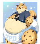 absurd_res anthro benjamin_clawhauser big_diaper blush cheetah clean_diaper clothing dessert diaper disney doughnut extremius_amphibious felid feline food hi_res looking_at_viewer male mammal midriff moobs overweight police_uniform printed_diaper smile solo thick_thighs tight_clothing underwear uniform zootopia