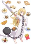  1girl 1other absurdres ball_and_chain_restraint barefoot blonde_hair blue_eyes bowl bread bread_slice closed_mouth collar crown ex_(hime-sama_&quot;goumon&quot;_no_jikan_desu) eyebrows_hidden_by_hair flat_chest food french_fries full_body hand_on_own_hip highres hime-sama_&quot;goumon&quot;_no_jikan_desu hime_(hime-sama_&quot;goumon&quot;_no_jikan_desu) holding holding_sword holding_weapon long_hair metal_collar mini_crown omelet pie plate qgkmn541 rags simple_background smile sword toast very_long_hair weapon white_background 