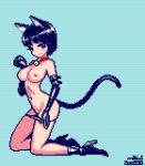  1girl animal_ears artist_name bell black_footwear black_gloves black_hair blue_background breasts cat_ears cat_girl cat_tail closed_mouth collar commentary_request elbow_gloves full_body gloves high_heels kneeling large_breasts looking_at_viewer lowres mabius medium_hair navel neck_bell nipples original panties panty_pull pixel_art seductive_smile shiny_clothes smile solo striped_background tail topless underwear 