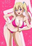  1girl bikini blonde_hair blue_eyes breasts collarbone commentary_request hands_on_hips highres kawakami_mai large_breasts leaning_forward long_hair looking_at_viewer mole mole_on_thigh mole_under_eye musaigen_no_phantom_world navel open_mouth pink_bikini purple_eyes side_ponytail smile solo standing swimsuit temaezushi 
