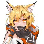  1girl animal_ear_fluff animal_ears arknights bandaged_arm bandages black_gloves blonde_hair chomo_o12 closed_mouth commentary_request ear_piercing fingerless_gloves gloves hair_between_eyes hair_ornament hairclip hand_up highres hood hood_down looking_at_viewer notched_ear one-hour_drawing_challenge orange_eyes piercing simple_background solo upper_body vermeil_(arknights) white_background 