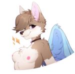 anthro areola breasts brown_body brown_fur clothed clothing collar fedos female fur hi_res medium_breasts pink_areola purple_eyes smile solo third-party_edit topless tuft white_body white_fur wings