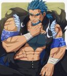  1boy abs armband artist_name bandaged_wrist bandages bara beard biceps blue_hair bucchigiri?! chest_hair facial_hair feet_out_of_frame hand_on_own_chin highres jacket kenchiro_(bucchigiri?!) large_pectorals male_focus manly mature_male muscular muscular_male open_clothes open_jacket pants pectorals ponytail scar signature simple_background sleeveless smirk solo spiked_hair takao_oz thick_arms thick_eyebrows tongue torn_clothes 