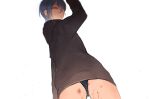  1girl ass bite_mark bite_mark_on_ass black_hoodie black_panties blue_hair commentary from_behind hair_between_eyes hickey hood hood_down hoodie long_sleeves looking_at_viewer love_live! love_live!_superstar!! panties parted_lips red_eyes short_hair sidelocks solo symbol-only_commentary underwear upper_body wakana_shiki white_background yumi_xsh 