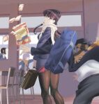  1girl bag black_hair blazer blue_jacket blurry bow bowtie briefcase brown_scarf chair classroom depth_of_field desk diagonal-striped_bow diagonal-striped_bowtie diagonal-striped_clothes diagonal-striped_skirt falling fujimoto_kouki highres itan_private_high_school_uniform jacket komi-san_wa_komyushou_desu komi_shouko long_hair looking_back motion_blur multiple_boys orange_scarf osana_najimi_(komi-san_wa_komyushou_desu) pantyhose parted_lips pleated_skirt purple_eyes purple_hair red_skirt scarf school school_bag school_briefcase school_chair school_desk school_uniform skirt striped_bow striped_bowtie striped_clothes striped_scarf striped_skirt tadano_hitohito 