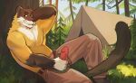 anthro bedroom_eyes boots bottomwear brown_body brown_fur chaps chest_tuft clothing clover_field cowboy facial_hair footwear forest forest_background fur go1iath goatee guloline gulonine hi_res lying lying_on_ground male mammal marten mustache mustelid musteline narrowed_eyes nature nature_background pinup plant pose seductive shirtless shirtless_anthro shirtless_male sky solo solo_focus tail tent tree tuft white_body white_fur white_hands yellow-throated_marten yellow_body yellow_fur