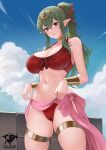  1girl artist_name bikini blue_sky breasts cameltoe cleavage collarbone fire_emblem fire_emblem_awakening fire_emblem_heroes front-tie_bikini_top front-tie_top gold_choker green_eyes green_hair hair_ornament highres huge_breasts jewelry kaos_art long_hair looking_at_viewer navel official_alternate_costume pink_sarong pointy_ears ponytail red_bikini ribbon sarong sky smile solo swimsuit tiara tiki_(adult)_(fire_emblem) tiki_(adult)_(summer)_(fire_emblem) tiki_(fire_emblem) 