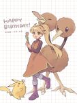  1girl :d blonde_hair dated doduo dress flower full_body grid_background happy_birthday highres holding holding_flower long_hair long_sleeves looking_at_viewer min10 open_mouth pikachu pokemon pokemon_(creature) pokemon_adventures ponytail shoes smile yellow_(pokemon) 