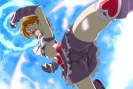  arm_up ass_visible_through_thighs bike_shorts bike_shorts_under_skirt blue_background bow brooch brown_eyes brown_hair clenched_hand commentary_request crotch cure_black earrings explosion fingerless_gloves fujimoto_satoru futari_wa_precure gloves heart heart_brooch highres jewelry magical_girl midriff navel open_mouth precure short_hair shorts skin_tight spread_legs teeth thighs upper_teeth_only v-shaped_eyebrows 