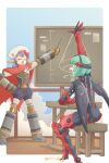  absurdres arciarcy arm_up beret blueprint_(object) cape chalkboard corsage desk flower green_hair hand_on_own_hip hat highres in-franchise_crossover ino_(xenoblade) joints low_twintails mechanical_wings open_mouth pointer poppi_(xenoblade) poppi_alpha_(xenoblade) purple_hair red_cape robot_girl robot_joints sitting stool twintails wings xenoblade_chronicles_(series) xenoblade_chronicles_2 xenoblade_chronicles_3 
