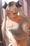  1girl :o bare_shoulders blush bottomless breasts cleavage collarbone commentary commission cowboy_shot day grey_hair hair_ornament highres indie_virtual_youtuber indoors large_breasts long_hair looking_at_viewer metatarou off-shoulder_shirt off_shoulder red_eyes shirt short_sleeves skeb_commission solo tukigumo_kohaku twintails virtual_youtuber white_shirt 
