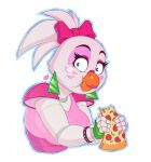 anthro avian bird blue_eyes bow_ribbon chicken daxzor ear_piercing ear_ring eating female five_nights_at_freddy&#039;s five_nights_at_freddy&#039;s:_security_breach food galliform gallus_(genus) glamrock_chica_(fnaf) hair krystal_can&#039;t_enjoy_her_sandwich lipstick looking_at_viewer looking_back looking_back_at_viewer machine makeup meme phasianid piercing pizza ring_piercing robot scottgames signature simple_background solo steel_wool_studios white_body white_hair wristband