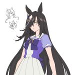  3girls animal_ears black_hair bow bowtie cheval_grand_(umamusume) cowboy_shot doodle_inset ear_covers ear_ornament earrings eyes_visible_through_hair flying_sweatdrops fukuro_(maruaru00) genderswap genderswap_(mtf) hair_between_eyes hair_over_one_eye hat heart&#039;s_cry_(racehorse) highres horse_ears horse_girl jewelry light_brown_hair long_bangs long_hair looking_at_viewer multicolored_hair multiple_girls original peaked_cap personification pleated_skirt puffy_short_sleeves puffy_sleeves purple_bow purple_bowtie purple_shirt sailor_collar sailor_shirt school_uniform shirt short_hair short_sleeves simple_background single_earring skirt smile streaked_hair summer_uniform swept_bangs tracen_school_uniform two-tone_hair umamusume very_long_hair waist_bow white_background white_sailor_collar white_skirt win_variation_(umamusume) yellow_eyes |_| 