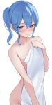  1girl armpit_crease blue_eyes blue_hair blush breasts closed_mouth cowboy_shot fawny groin hair_between_eyes hair_ornament highres holding holding_towel hololive hoshimachi_suisei looking_at_viewer medium_breasts modesty_cover naked_towel short_hair side_ponytail sidelocks simple_background solo towel virtual_youtuber white_background white_towel x_hair_ornament 