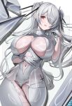 1girl armpit_cutout bodysuit breasts cinderella_(nikke) clothing_cutout ekuskarma gloves goddess_of_victory:_nikke grey_bodysuit grey_hair highres large_breasts leg_cutout long_hair looking_at_viewer navel_cutout one_eye_covered red_eyes revealing_clothes see-through see-through_skirt skirt solo twintails white_gloves 