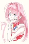  1girl blue_eyes copyright_name dated hand_on_own_chin long_hair looking_at_viewer macross macross_7 marufuji_hirotaka mylene_jenius parted_lips pink_hair simple_background sleeveless solo upper_body white_background white_wristband 