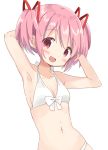  1girl :d alternate_costume armpits arms_behind_head arms_up bare_arms bare_shoulders bikini blush breasts cleavage collarbone dot_nose eyebrows_visible_through_hair front-tie_bikini front-tie_top hair_between_eyes hair_ribbon hand_in_hair highres kaname_madoka looking_at_viewer mahou_shoujo_madoka_magica navel open_mouth pink_eyes pink_hair red_ribbon ribbon shaded_face shiny shiny_hair shiny_skin short_twintails sidelocks simple_background small_breasts smile solo stomach swimsuit tsubaki_(tatajd) twintails upper_body white_background white_bikini white_ribbon 