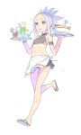  1girl blue_eyes breasts drink enkyo_yuuichirou fea_(summon_night) food full_body navel open_mouth sandals short_hair simple_background solo summon_night summon_night_4 swimsuit white_background white_hair 